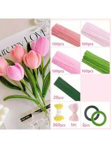 100/783pcs Pink Fuzzy Tulip Poppy Flower Set - Perfect For Valentine's Day, Mother's Day, Christmas, New Year, Holidays, Beginner Fuzzy Flower Stem Set, Home Decor Crafting Kit - Multicolor - View 13