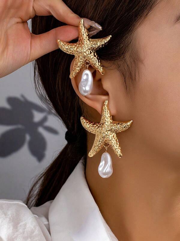 1 par de pendientes de estrella de mar con perlas, de estilo exagerado y de vacaciones