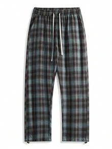 Pantalones de chándal rectos con cordón a cuadros de talla grande, aptos para todas las estaciones - Azul - Ver 2