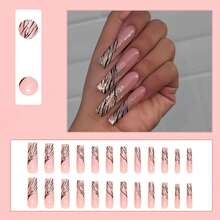 Long Square Press On Nails French Tip Fake Nails Silver Glitter False Nails With Silver Ripple Designs Long Square Glue On Nails Sparkly Artificial Nails Cute Stick On Nails For Women 24Pcs - 長款-C5C33 - 查看 5