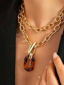 1件优雅女士项链，时尚金属金链多层项链，适合派对和日常佩戴 - 金黃色 - 查看 2