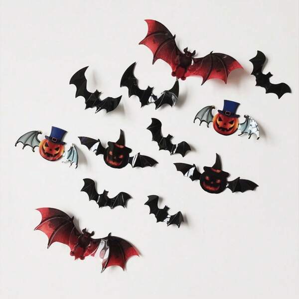 12pcs Halloween Decorations, Halloween Pumpkin Decor, Wall Stickers, Scene Layout, 3D Bat Decor, Halloween Party Supplies