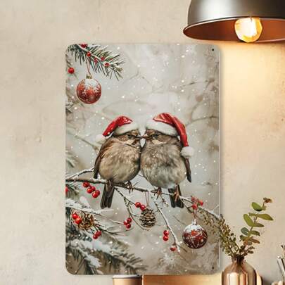 1pc Vintage Christmas Birds With Santa Hats Metal Tin Sign, 20.32x30.48 Cm, Rustic Iron Wall Art, Festive Holiday Decor For Home, Bar, Cafe, Gym, Garage, Indoor & Outdoor Use