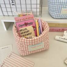 1pc Fresh Plaid Storage Basket, Desktop Miscellaneous Storage Basket, Waterproof Cosmetic Storage Basket, Brush And Skincare Storage And Organization, Desktop Decor, Cosmetic Storage Rack, Portable Picnic Basket, Valentine's Day Gift, Bathroom Storage, Skincare Storage, Home, Travel, Vacation And School Use, Toiletry Bag, Bedroom Essentials, Bridesmaid Gift, Mother's Gift, Birthday Gift, Gift For Friends And Teachers