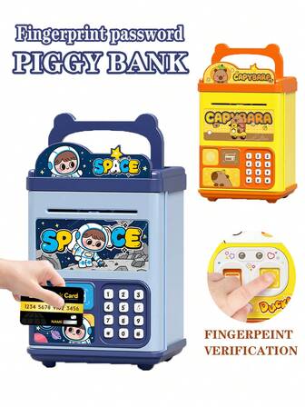 1box Atm Money Saving Bank With Password & Fingerprint Unlocking, Toy Coin Storage, Music/Sound Effect/Voice Prompts, Manual Paper Rolling, Handheld, Educational, Parent-Child Interaction For Kids Aged 3 And Up, Random Accessories (Excluding Ordinary Batteries), Certified For Children