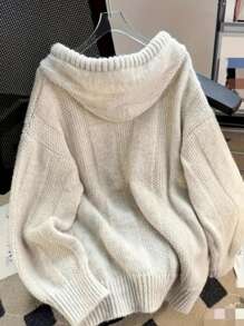 2025 Women's Hooded Sweater - Cozy Loose Fit Knit Pullover For Autumn & Winter, Soft Ribbed Top In Beige & Grey, Casual Long Sleeve Fashion Sweater - Perfect For Everyday Wear, Fall Clothes For Women