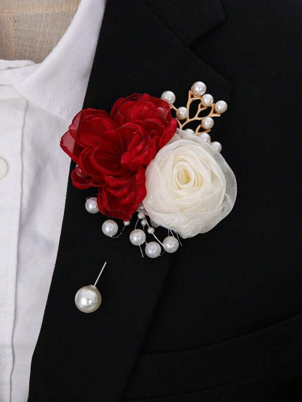 1 pieza Broche unisex elegante con camelias verde pavo real, rosa beige y hojas doradas con cuentas, adecuado para bodas, bailes de graduación, fiestas, banquetes y decoración de aniversarios