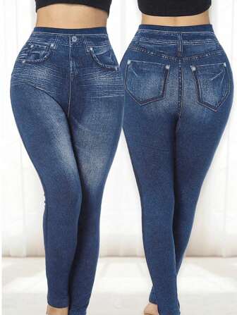 سراويل نسائية ضيقة بطبعة الجينز، سراويل رياضية مرنة عالية الخصر، بنطلونات كاجوال ضيقة للشارع