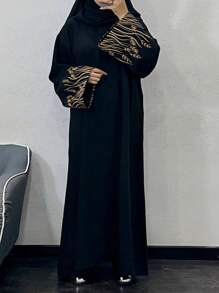 1pc Sleeve Embroidered Abaya Without Headscarf, Dubai Arabic Embroidered Long Robe Fashionable Abaya Dress, Suitable For Women's Daily Wear, All Season - Multicolor - View 1