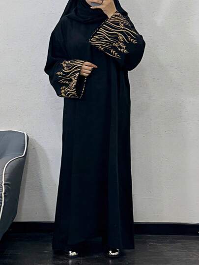 1pc Sleeve Embroidered Abaya Without Headscarf, Dubai Arabic Embroidered Long Robe Fashionable Abaya Dress, Suitable For Women's Daily Wear, All Season