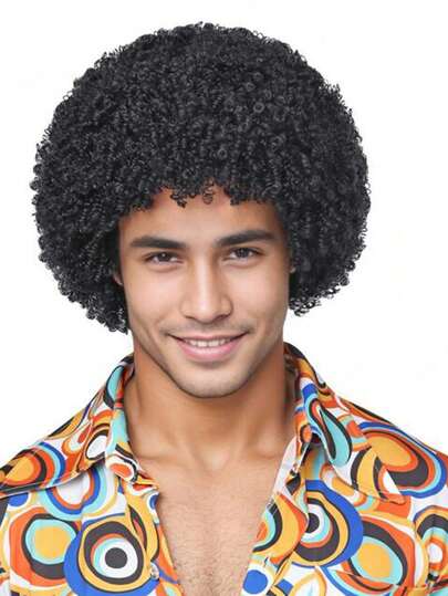 Peluca rizada afro corta de 8 pulgadas para hombres, peluca rizada sintética resistente al calor, aspecto natural a la moda, esponjosa y cómoda, adecuada para todos los hombres, apta para Halloween, festivales de música y otros disfraces de fiesta