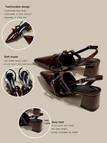 Women's Coffee Brown Patent Leather Pointed Toe Single Strap Chunky Heel Pumps, Elegant Pointed Toe Formal High Heels, Fashion Slingback High Heel Shoes