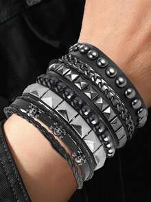 Xiacheng 4pcs Leather Rivet Bracelet Set, Unisex Punk Rock Cuff Wristband, Emo Accessories Suit, Suitable For 80s 90s Outfit - Black - View 2