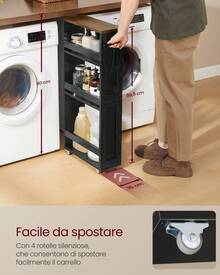 VASAGLE Carrello Stretto a 4 Ripiani, Carrellino da Cucina con Rotelle Maniglia, per Spazio Ridotto, 15 x 43,2 x 86,5 cm, Bagno, Lavanderia, Nero Ebano e Marrone Vintage - nero - Visualizzare 3