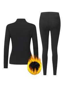 1Set Women's Black High Neck Thermal Lingerie Set Fashion Design Fitted Cold-Resistant Warm Wear Comfortable Stretch Autumn And Winter Gifts