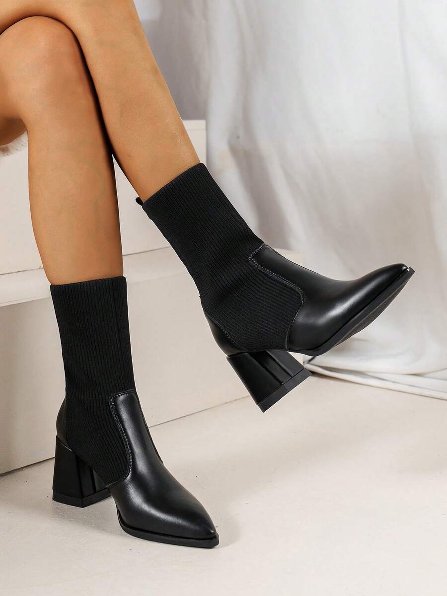 Botas tipo calcetín puntiagudas de tacón grueso de color liso para mujer, juveniles, modernas y elásticas, adecuadas para otoño e invierno. - Negro - Ver 1
