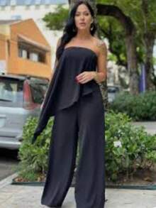 Long Asymmetrical Strapless Pantaloon Jumpsuit Spring Summer - Black - View 5