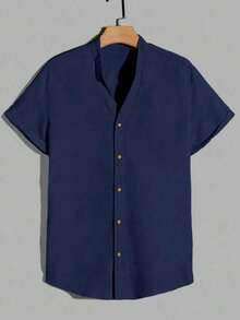 Lojadokiu Fashion Gents Men Shirt Solid Button Front Priest Collar - 藏蓝色 - 查看 1