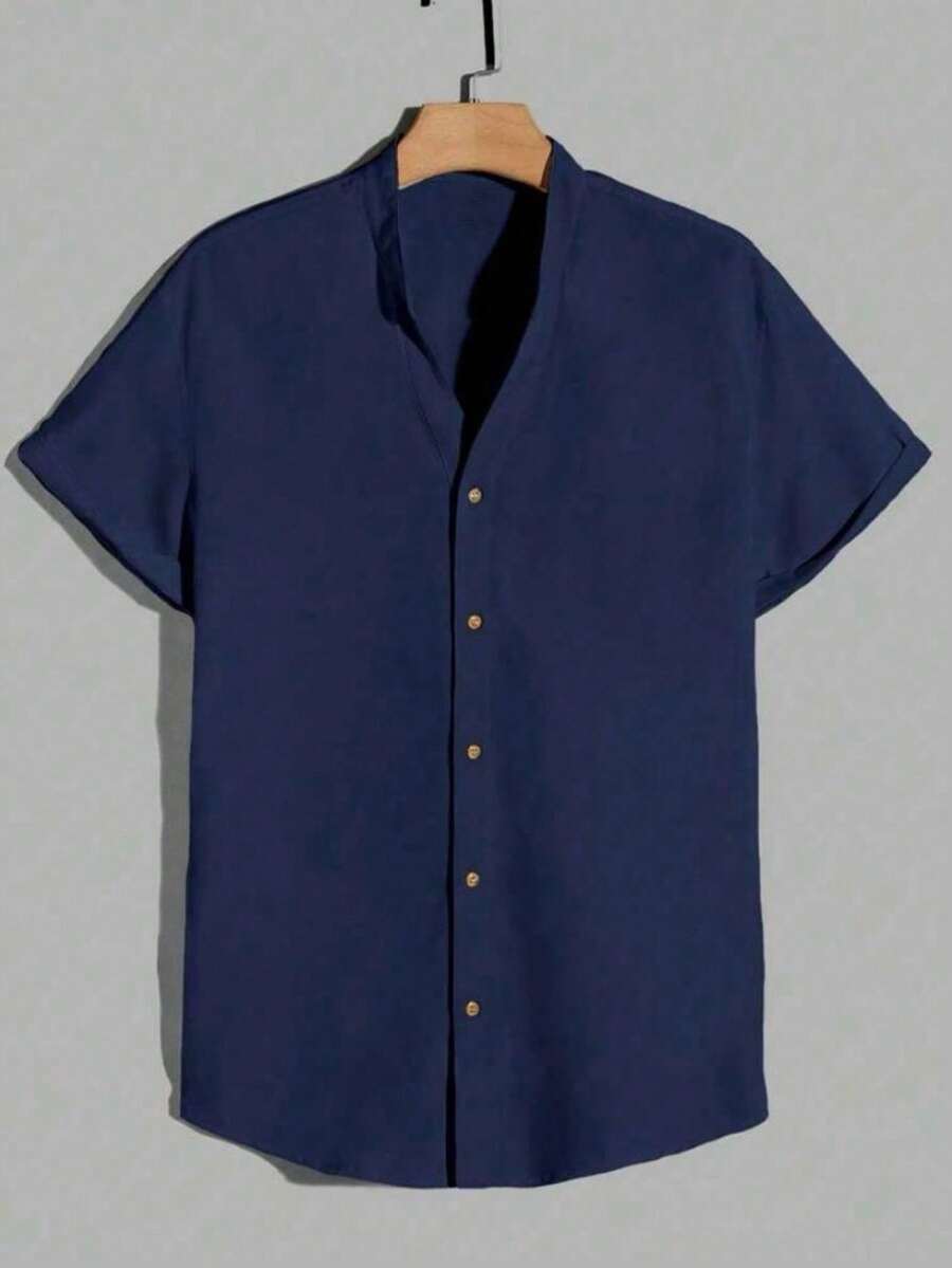 Lojadokiu Fashion Gents Men Shirt Solid Button Front Priest Collar - 藏蓝色 - 查看 1