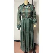 2025 European And American Women's Fashion  Independent Station Long Sleeve Printed Long Dress Shirt Collar Long Dress Vestidos Elegantes Para Fiesta - 綠色 - 查看 3
