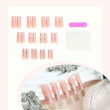 Long Press On Nails Square Fake Nails Nude False Nails With Silver Lines Designs Long Square Nail Press Ons Long Glue On Nails Sparkly Artificial Nails Cute Stick On Nails For Women 24Pcs - 長款-C5C31 - 查看 3