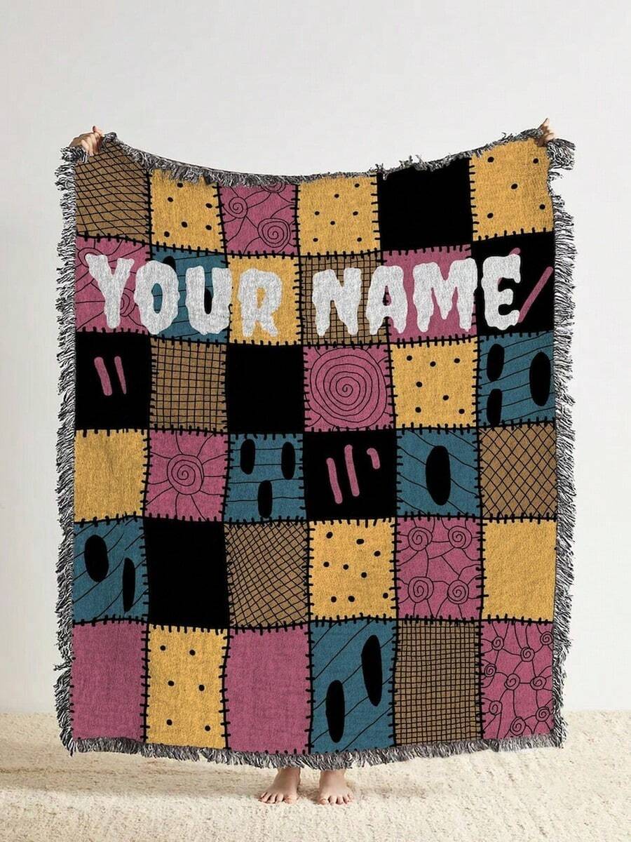 Halloween Town Throw Blanket Custom Nightmare Before Christmas Name Blanket, Jack And Sally Cotton Woven Tapestry, Personalized Room Decor - trắng - Xem 1