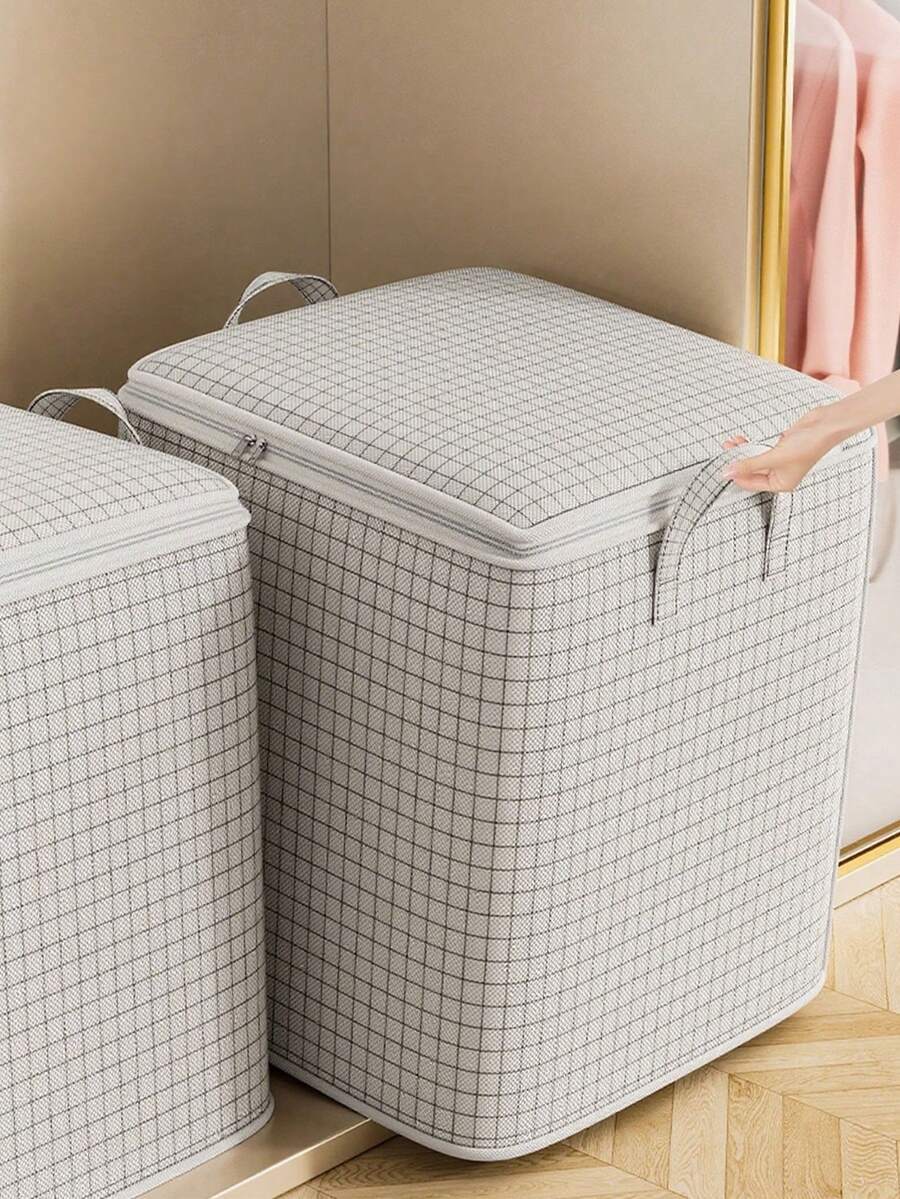 1PC Checkered Clothing Storage Bag, Quilt Storage Bag, Foldable Large Capacity Clothing Storage Bag, Moving Organization Bag, Out Of Season Clothing Storage Bag, Wardrobe Classified Storage, Soft Cloth Storage Bag With Zipper Waterproof And Dustproof, Suitable For Home Storage Of Blankets, Pants, Clothing, Toys, Etc., Home Storage Of Decorative Items