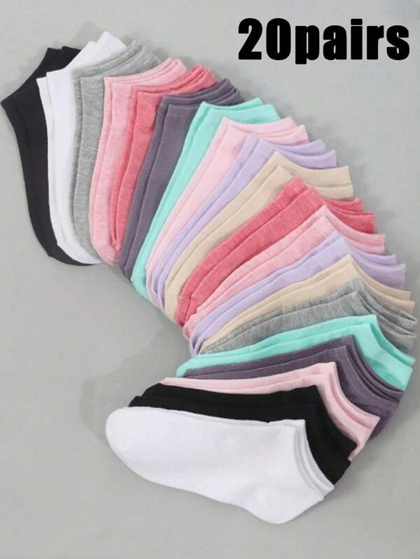 20 paires de chaussettes de couleur bonbon pour femmes, chaussettes de sport, chaussettes invisibles, chaussettes de couleur unie minimaliste à la mode, convenant pour un port quotidien décontracté