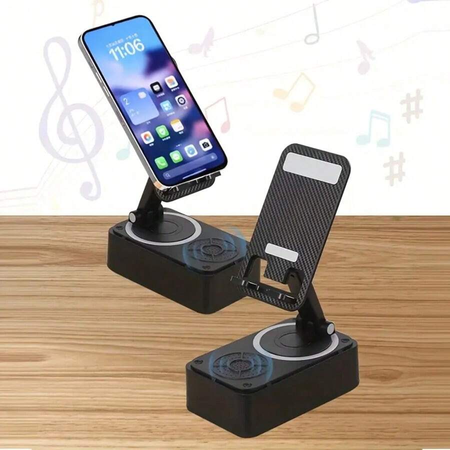 Soporte para teléfono plegable con altavoz Bluetooth inalámbrico y banco de energía, compatible con todos los teléfonos inteligentes y tabletas.
