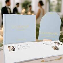 Beautiful Wedding Guest Book Set With Personalized 2025 Year Your Wedding Reception – Elegant Photo Guestbook Linen Cover, Sign, Luxury Pen & Adhesive Photo Corners To Capture Memories - Blue - View 8