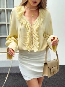 GLOpass Women's Elegant V-Neck Pleated Ruffle Trim Blouse