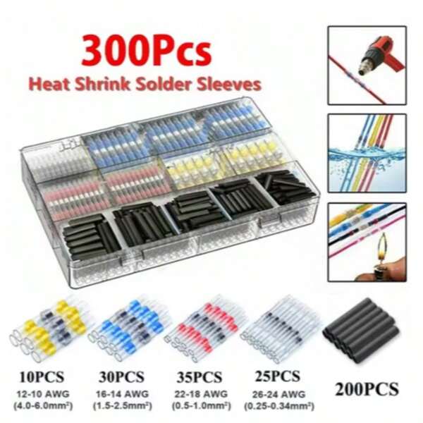 300Pcs Solder Seal Wire Connectors Heat Shrink Waterproof Solder Butt Connectors Solder Connector Kit Auto Marine Insulated