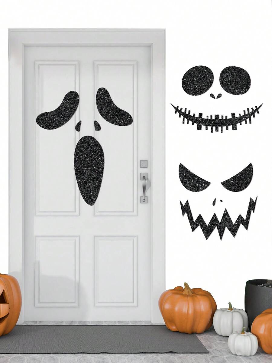 3pcs/Set Large Black Glitter Halloween Door Face Decorations, 3 Spooky Face Wall Decor Designs With Adhesive Dots For Windows, Bedroom, Haunted House & Halloween Party - Black - View 1