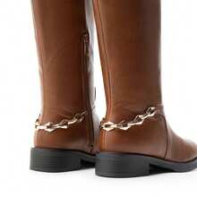 Women's Flat Round Toe Knee High Boots Low Block Heel Side Zipper Boots Fashionable Comfortable Chain Decorated Boots For Fall And Winter - màu nâu - Xem 7