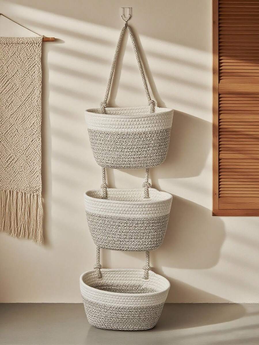 1Set/3pcs Three-Layer Home Wall Mounted Rope Storage Basket, Gray White Mixed Color Bohemian Style Home Storage Basket, Handmade, Suitable For Household Bedrooms, Living Rooms, Miscellaneous Sorting And Storage, Suitable As A Christmas Gift For Children, Bathroom Accessories, Room Decor - Multicolor - View 1