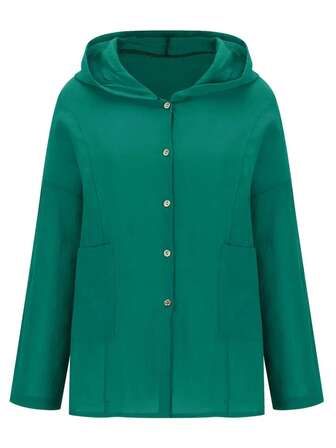 Plus Size Solid Color Shirt With Front Button Pockets, Elegant For Everyday Wear