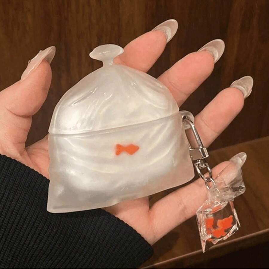 1个创意3D金鱼造型硅胶包，带吊坠，适用于苹果蓝牙耳机，兼容苹果1/2/Pro/3/Pro2/4代，防震、保护、防尘、时尚 - 可愛透明小魚耳機殼 - 查看 1