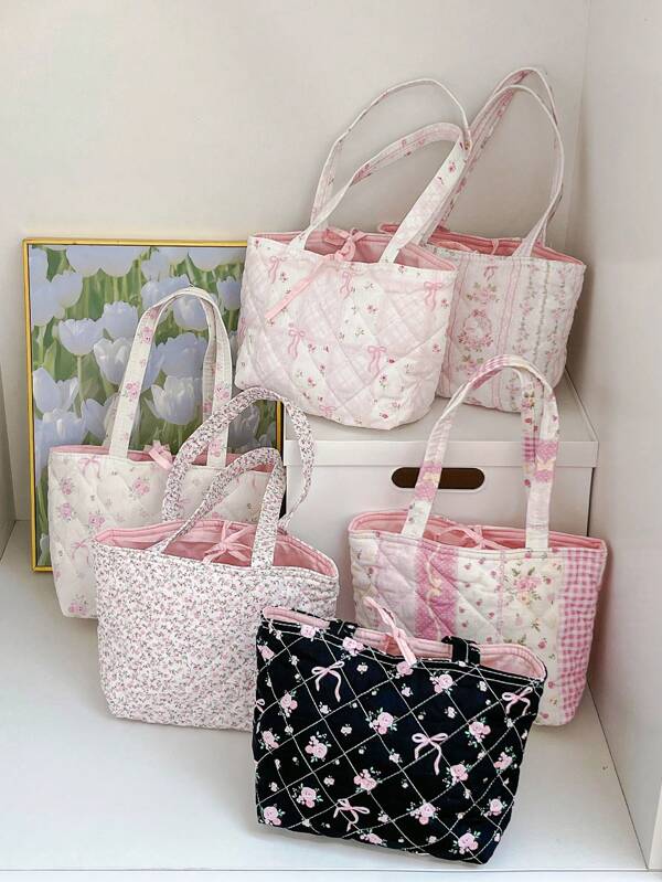 1 Piece Quilted Women Mini Tote Bag Pink Bow Print Shopping Handbag Fresh Ditsy Floral Lunch Bag Not Insulated Lunch Bag Food Storage Bag Large Capacity Shoulder Bag Lightweight Travel Cosmetics Storage Bag Floral Makeup Bag