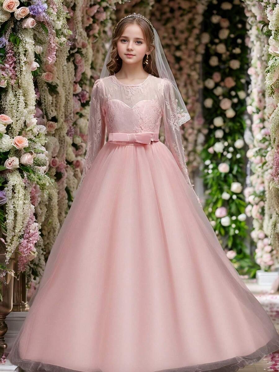New Girls Long Sleeve Lace Dress, Children Princess Bow Mesh Tulle Dress, Christmas Wedding Flower Girl Piano Recital Costume (Please Select Size According To Chest Measurement In Size Chart) - Pink - View 1