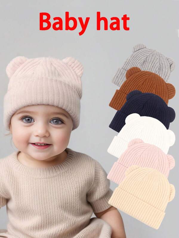 1 pieza Gorro de bebé tejido, diseño de oso lindo, elástico y cálido, adecuado para otoño/invierno
