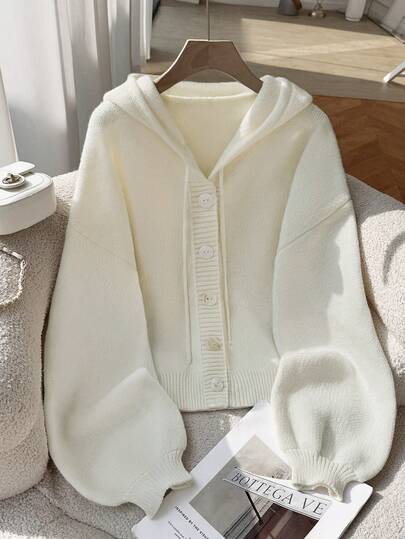 大码休闲纯色纽扣抽绳连帽针织开衫