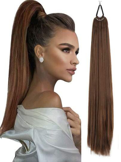 16inch/26 Inch/34 Inch Ponytail Extensions, Versatile Elastic Band Brown Mix Rust Brown Ponytail Heat Resistant Extension For Women, Long Straight DIY Wrap Around Ponytail Soft Natural Synthetic Pony Tails For Women Daily Cosplay And Christmas Music Festival Carnival New Year Gifts Used