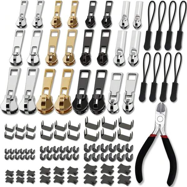 105 piezas Kit de reparación de cremalleras 3, 5, 8, cremallera con pinzas de instalación para reparar abrigos, chaquetas, carpas, mochilas, sacos de dormir, equipaje