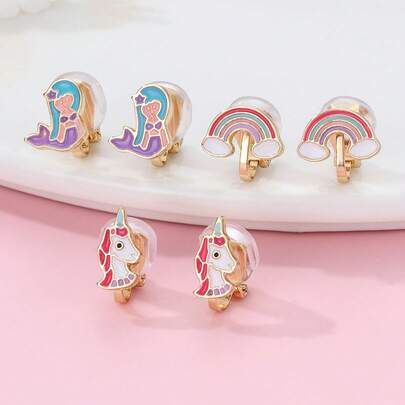 3 对/套锌合金独角兽、美人鱼和彩虹形夹式耳环，无需穿孔，适合日常佩戴的装饰配件