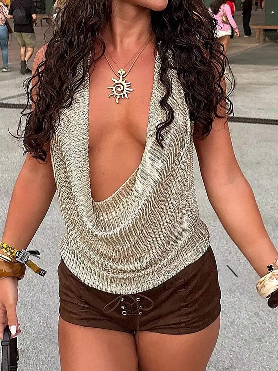 Women's Deep V Cowl Neck Backless Halter Top Tie Open Back Going Out Y2k Rave Festival Tops - 金色 - 查看 1