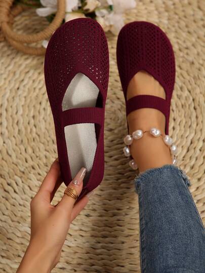 2025 Autumn Women's All-Season Knitted Mary Jane Flat Shoes, Solid Color Slip-On Round Toe Shoes, Fabric Upper And Lining, Rubber Sole, Machine Washable