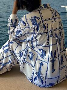 春秋新款女装小龙虾螃蟹随机印花翻领长袖超大码休闲度假优雅衬衣裤子两件套