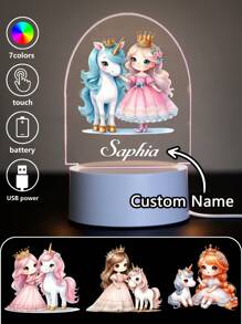 1 szt. Spersonalizowana nazwa kreskówki, słodka księżniczka i jednorożec, kreatywny prezent, iluzja światła 3D, lampka nocna LED, ciepłe światło, prezent urodzinowy, prezent świąteczny, dekoracja biurka, lampka nocna, prezent dla dziewczyny, prezent na ukończenie szkoły, wielofunkcyjny, antypleśniowy, ozdobny, wielokrotnego użytku, wykwintny, stylowy, wysokiej jakości, uroczy, nowoczesny, kolorowy, niestandardowy, niepowtarzalny, spersonalizowany, na rocznice, na urodziny, na parapetówkę, na ukończenie szkoły, kuchnia, jadalnia, sypialnia, biuro, salon, dom, ogród, herbaciarnia, wystrój domu, harmonia domowa