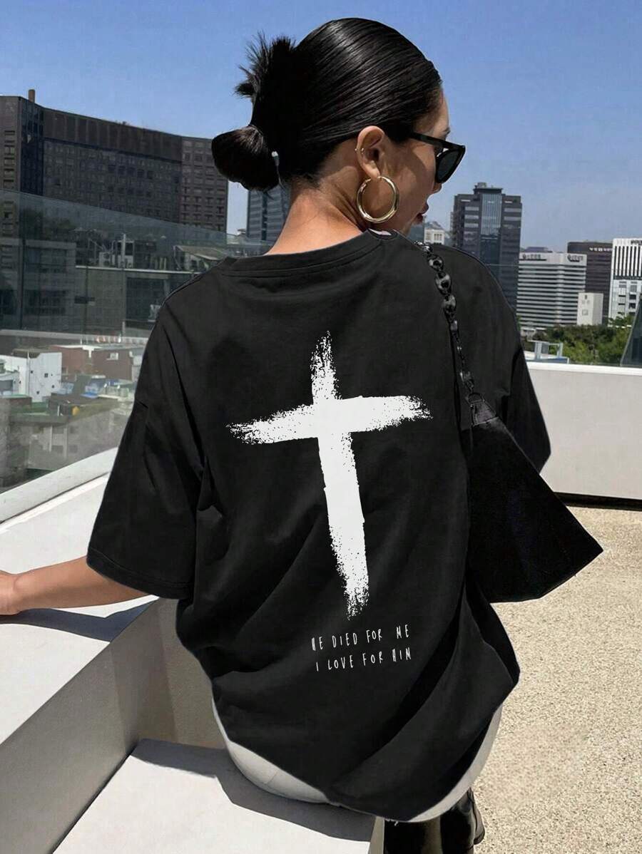 Women's Casual Vacation Round Neck Short Sleeved T-Shirt With Cross Slogan Printed Women's Top.Graphic Tees Women White Top Black Top