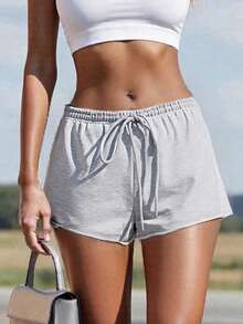 Women Y2K Low Rise Sweat Shorts Summer Cute Low Waist Wide Leg Mini Shorts Casual Basic Drawstring Lounge Shorts - Xám - Xem 2